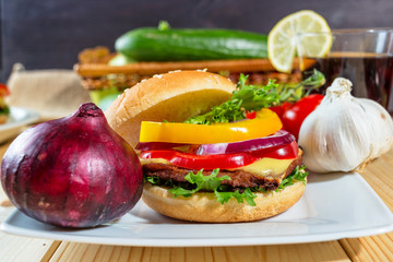 homemade hamburger with fresh vegetables, close up