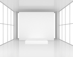 Fototapeta na wymiar White presentation room with pedestal