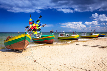 Fishing boats on the beach of Baltic Sea in Poland - obrazy, fototapety, plakaty