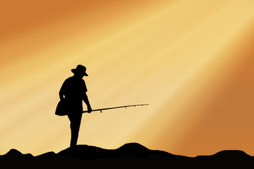 Silhouette of man fishing rod sunset background.