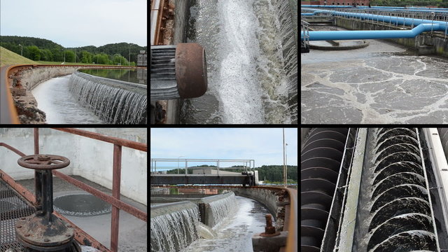Sewage waste water cleaning plant. Waterworks. Footage collage
