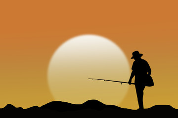 Silhouette of man fishing rod sunset background.