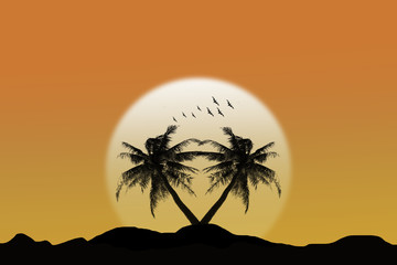 Coconut trees silhouette background sunset at sea.