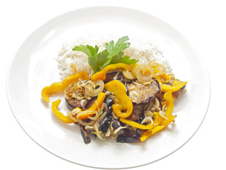 fried eggplants with baby shrimps and rice