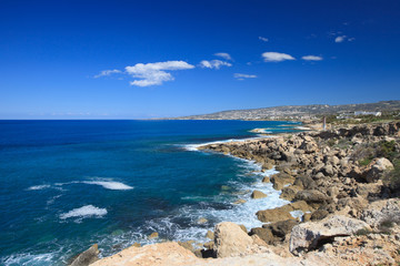 Fototapeta na wymiar Beautiful sea rocky beach. Overlooking the Mediterranean Sea. 