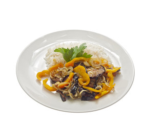 fried eggplants with baby shrimps and rice