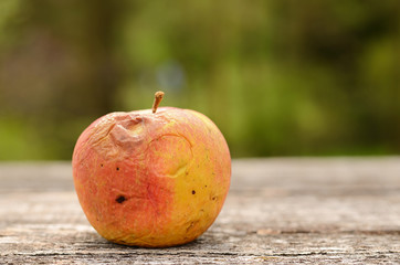 Rotten apple on wooden table