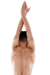 Obraz premium Profile of young , caucasian athlete swimmer with goggles in sta