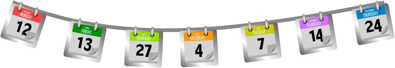 Coloured calendar pages hanging on the rope