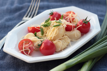 Gnocchi with tomatoes and grated cheese on a blue plate.