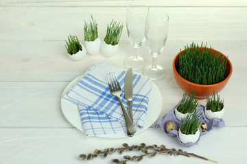 Green wheat sprouts in egg on a wooden background. Tableware