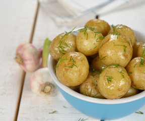 Potatoes in a blue bowl