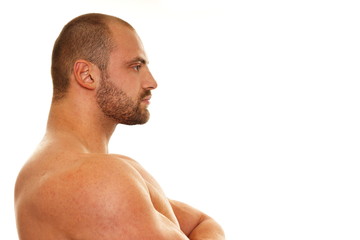 Portrait of smiling muscular, right you can write some text 