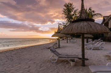 Beautiful sunset on a sandy beach in Mauritius