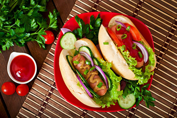 Hotdog with ketchup, mustard, lettuce and vegetables 