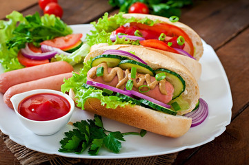 Hotdog with ketchup, mustard, lettuce and vegetables 