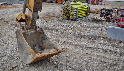 Bulldozer excavator on a construction site, bucket