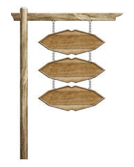 Wood sign hanging suspended with chains on pole