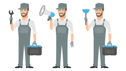 Repairman holding tools wrench megaphone plunger