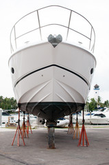 Motorboat from a front view at shipyard