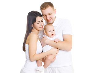 Happy young family, portrait of parents with cute baby