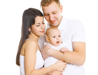 Portrait of parents with cute baby, happy young family together