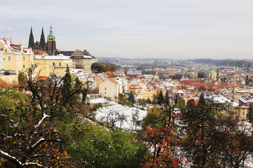 First Snow in Prague City with gothic Castle, Czech Republic