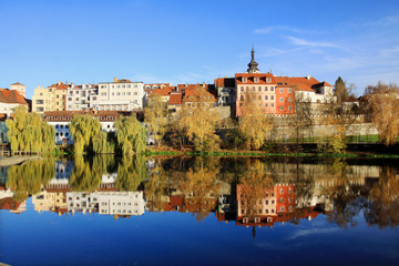 Fototapeta na wymiar Autumn medieval Town Pisek above the river Otava