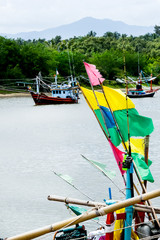 Fisherman Ship ride at seashore wait for night to fishery.Bright