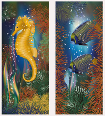 Underwater banners with seahorse and fish vector
