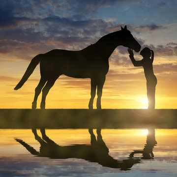 Silhouette of a girl giving a kiss horse in sunset