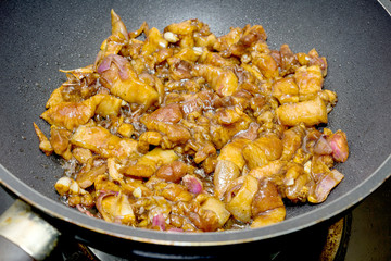 Frying pork on sauce pan