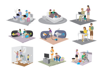 Different Family Situations In The House Set - Isolated On White Background - Vector Illustration, Graphic Design, Editable For Your Design