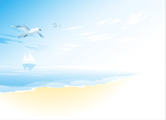 Seascape with sea, cloud and flying seagull