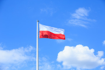 Polish flag on a background of blue sky - 82923855