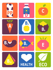 Retro set of basic vitamins from food