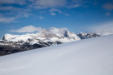 Fototapeta na wymiar Winter panorama on mountains in Val Gardena