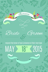 Wedding invitation card template with flowers, ribbons, hearts