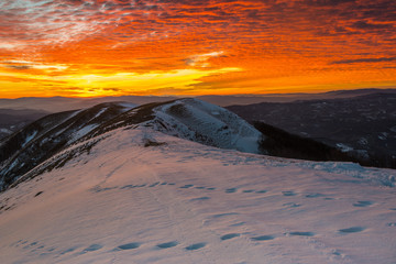 Sunset on mount Nerone in Winter, Apennines, Marche, Italy