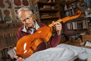 Elderly person building a viola d‘amore