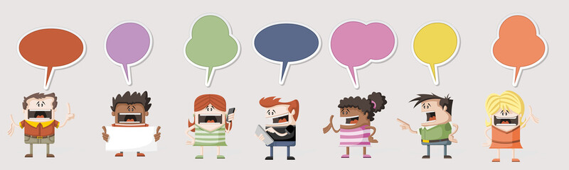 group of happy cartoon people talking with speech balloon