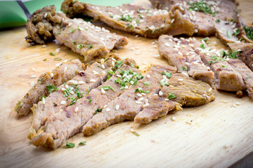 Delicious beef steaks on wood