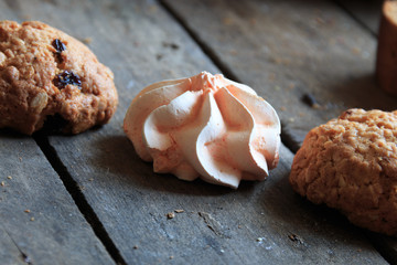 marshmallow on a wooden table, rustic style