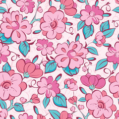 Vector pink blue kimono flowers seamless pattern background