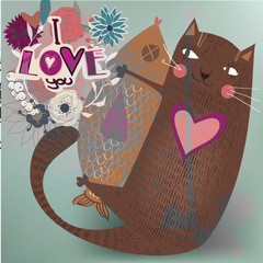 Valentine card  with cat and fish.