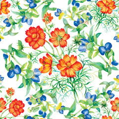 Wild flowers seamless pattern on white background