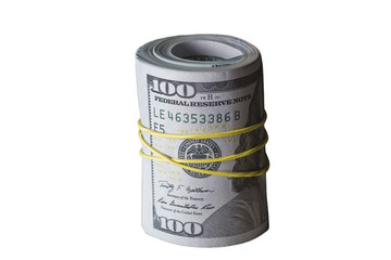 The banknotes twisted in a tube and drawn by a rubber plait