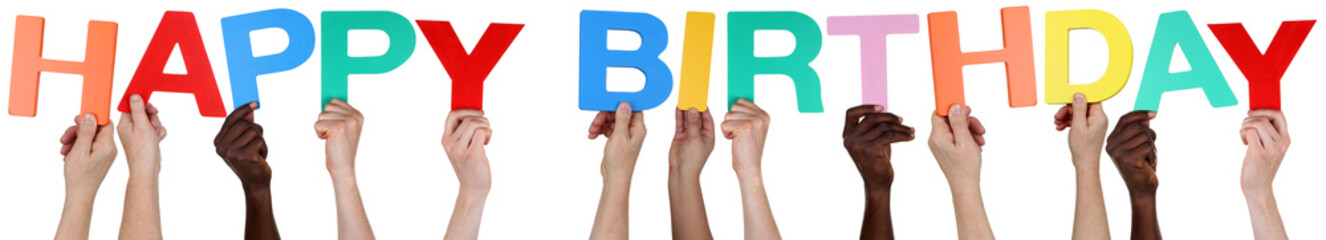 Multikulturell People Gruppe halten das Wort Happy Birthday