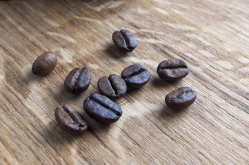 Coffe beans, cardamom and cinamon on wooden desk