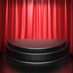Chrome Pedestal on Red Curtains Background